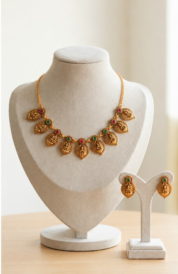 Traditional Matte Gold Floral Leaf Choker Set with Studs
