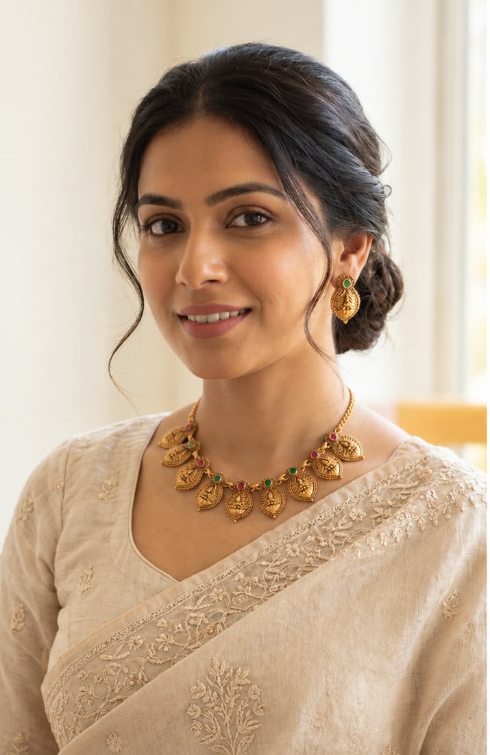 Traditional Matte Gold Floral Leaf Choker Set with Studs