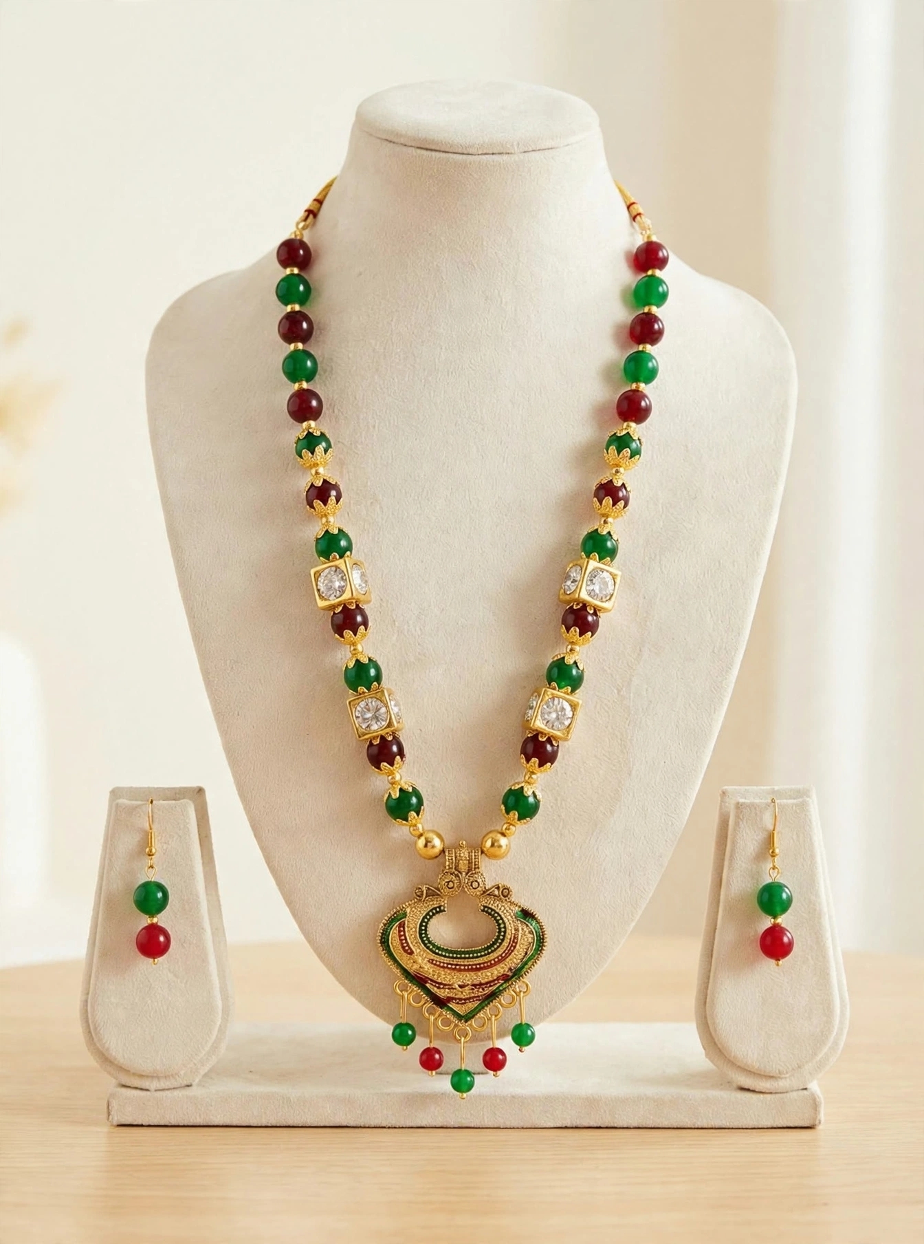 Kundan Bloom Green and Maroon Festive Necklace set