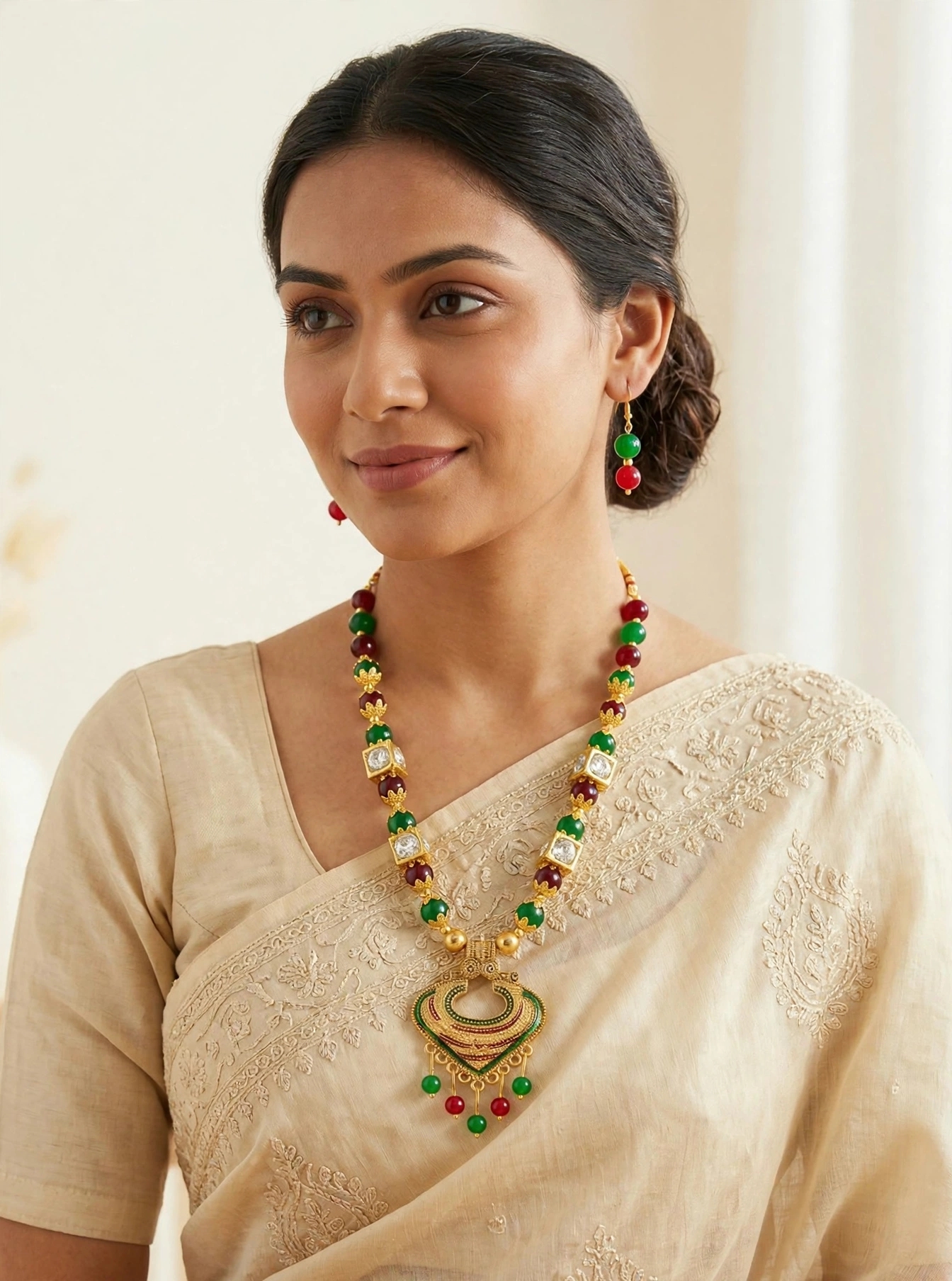 Kundan Bloom Green and Maroon Festive Necklace set