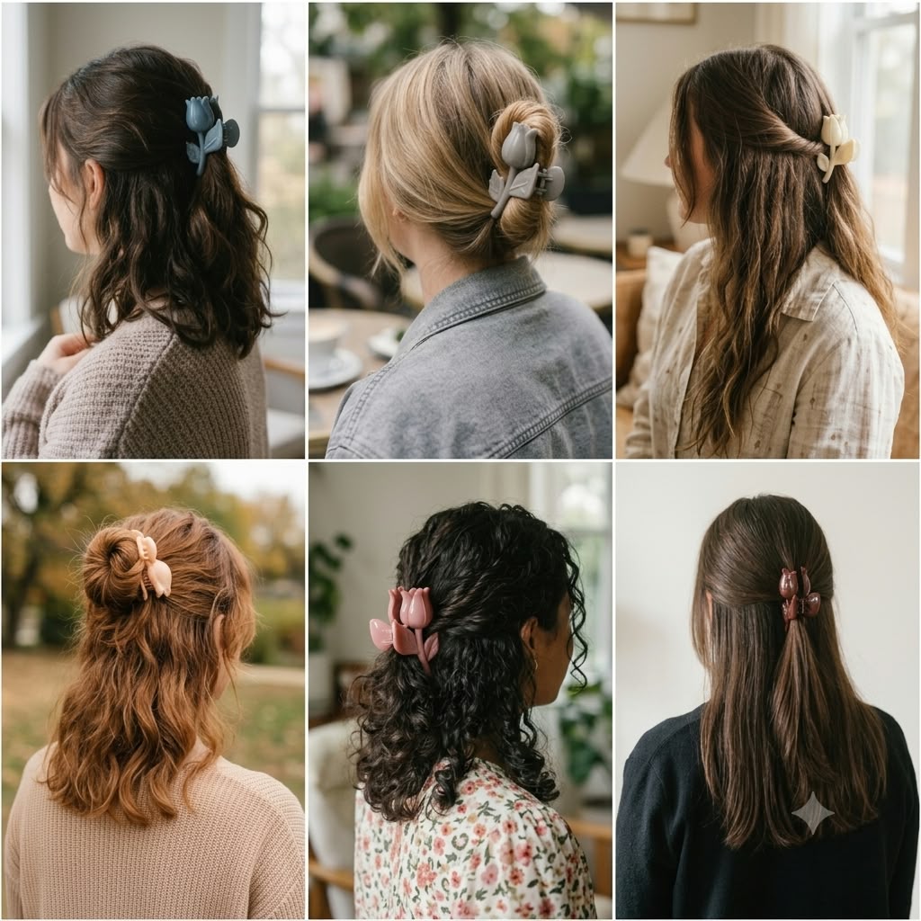 Minimalist Floral Tulip Hair Claw Clips – Non-Slip French Hair Clutcher (SET=6 piece)
