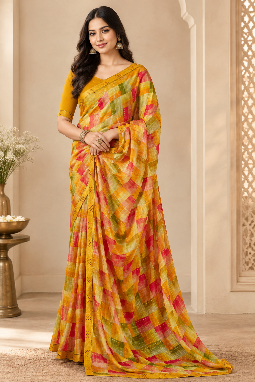 Premium Multicolor Checks Designer Saree for Women – Mustard Yellow, Red & Green | Elegant Ethnic Wear