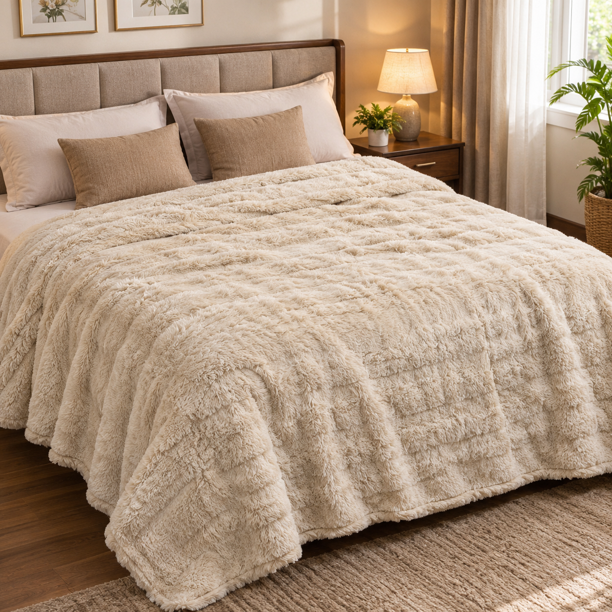 Cloudy 3-Layer Soft Plush Blanket for Double Bed – Cream Colour