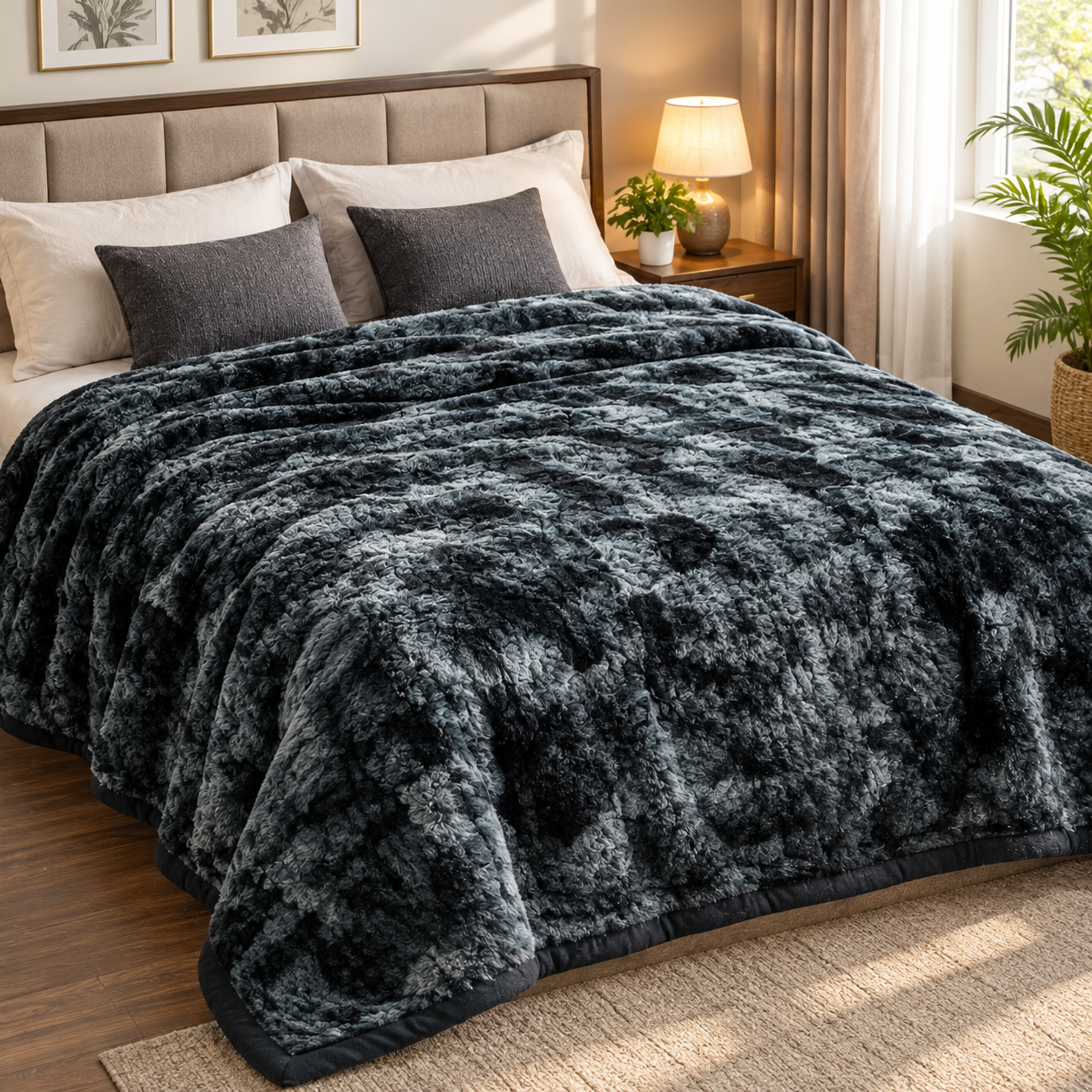 Cloudy 3-Layer Plush Double Bed Blanket – Black & Grey