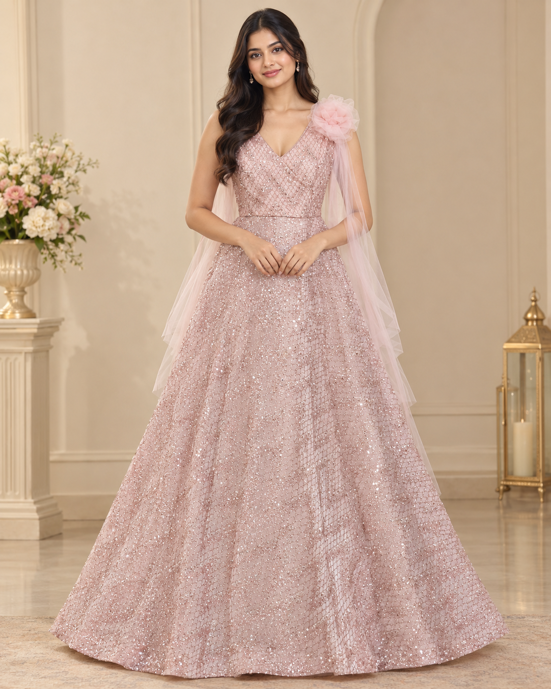 Premium Blush Pink Sequin Embellished Floor-Length Party Wear Gown for Women