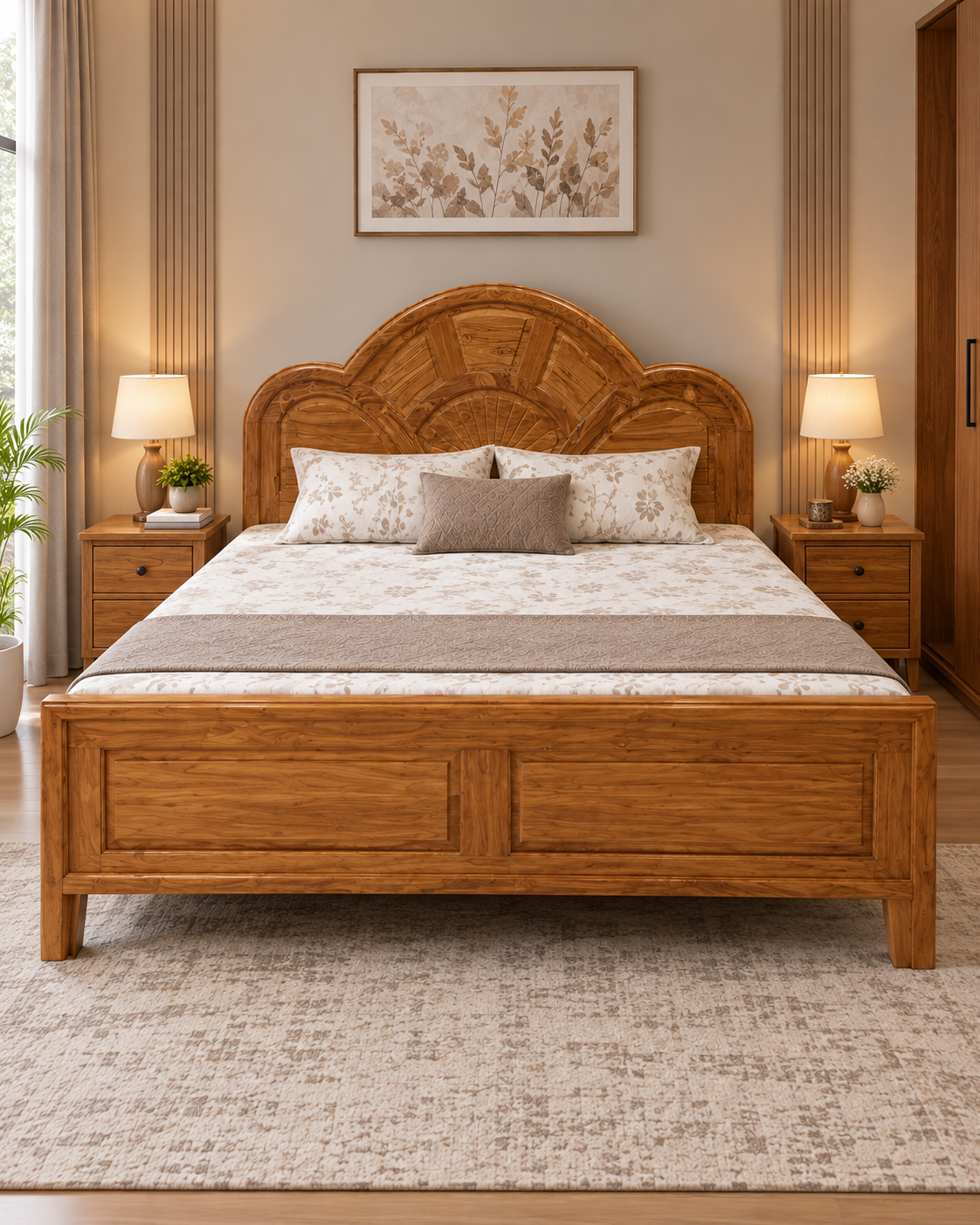 Luxury Solid Teak Wood King Size Bed | Handcrafted Carved Headboard & Panelled Frame