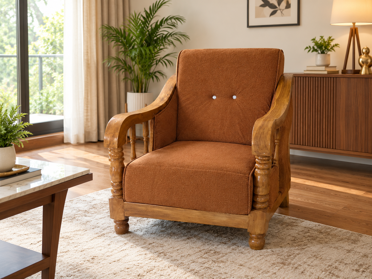 Premium Sagwan Wood Single Seater Sofa Chair with Brown Fabric Upholstery