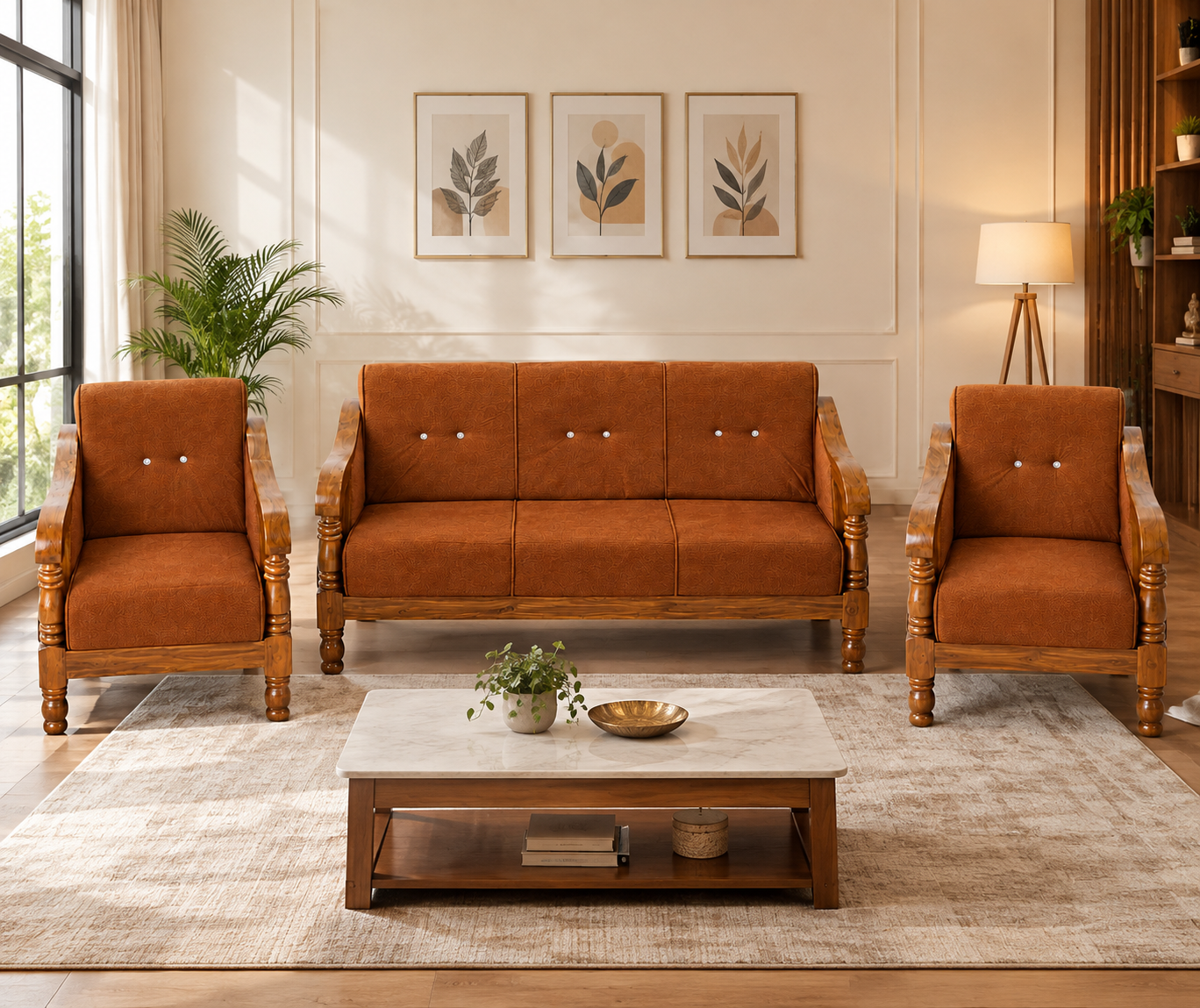 Premium Teak Wood 3+1+1 Sofa Set with Brown Upholstery