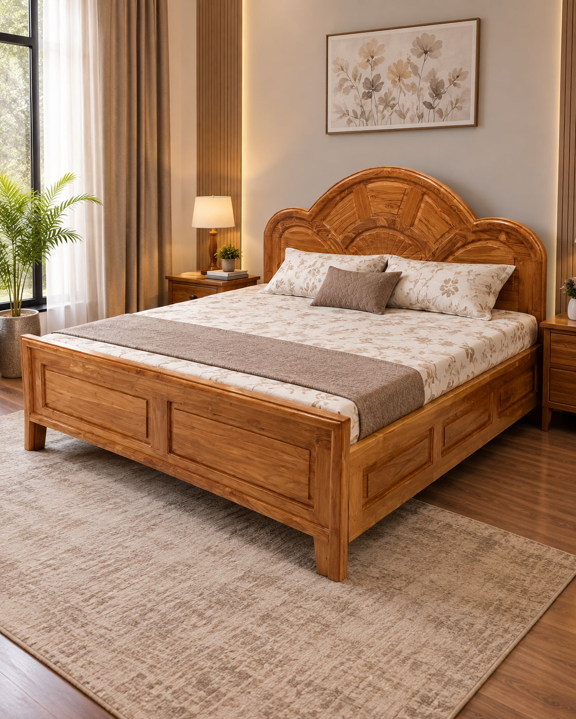 Luxury Solid Teak Wood King Size Bed | Handcrafted Carved Headboard & Panelled Frame
